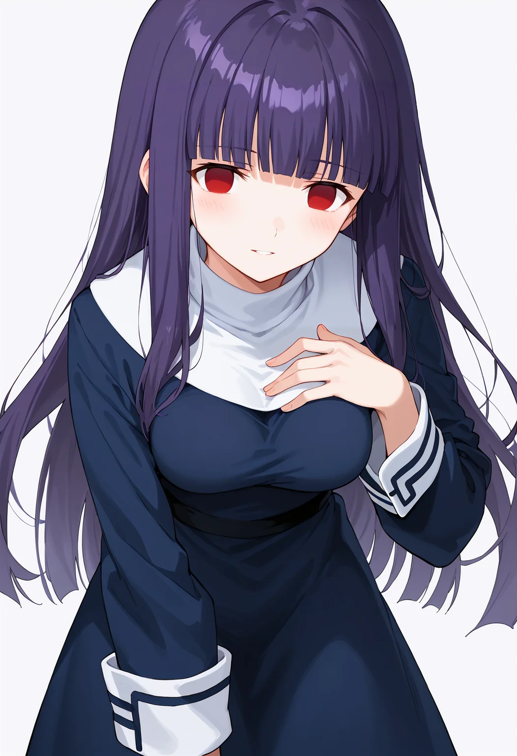 score_9, score_8_up, score_7_up, source_anime, rating_safe <lora:a_fujino_PONY-700007:1> a_fujino, 1girl, solo, long hair, purple hair, blunt bangs, red eyes, empty eyes, blue dress, white turtleneck, long sleeves, long dress, sleeve cuffs, medium breasts, blush, looking at viewer, hand up, hand on chest, parted lips,light smile,leaning forward, standing, cowboy shot,white background,