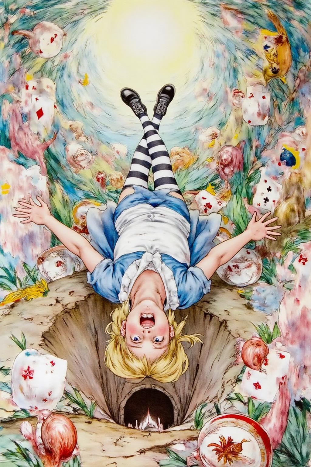 detmo1d watercolor painting.
Overhead view of Alice in Wonderland falling into the rabbit hole, with her legs dangling beneath her. She is looking upward, her face filled with shock and terror as she screams. Her blue dress and white apron billow out around her as she tumbles, while her striped stockings and black shoes are visible below. The rabbit hole is a swirling, chaotic mix of vibrant colors, playing cards, teacups, and other Wonderland objects floating around her. Soft glowing light emanates from the tunnel walls, adding an eerie, fantastical feel to the scene. The sense of motion and fear is palpable as Alice falls deeper into the unknown. The background is stark white. <lora:detmold1_cap_d6a3e13:1.0><lora:831797657845415631:0>