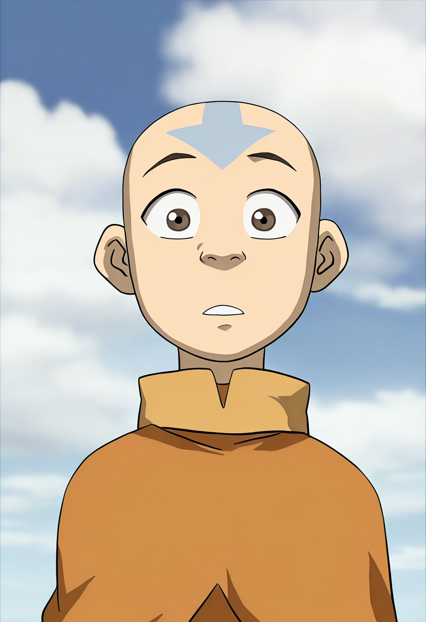 In the Avatar Animation style, In the Avatar Animation style, solo, looking at viewer, 1boy, Aang, brown eyes, upper body, male focus, parted lips, sky, day, cloud, black eyes, blue sky, facial mark, wide-eyed, bald,
<lora:Avatar-Anime-Style2:1>,