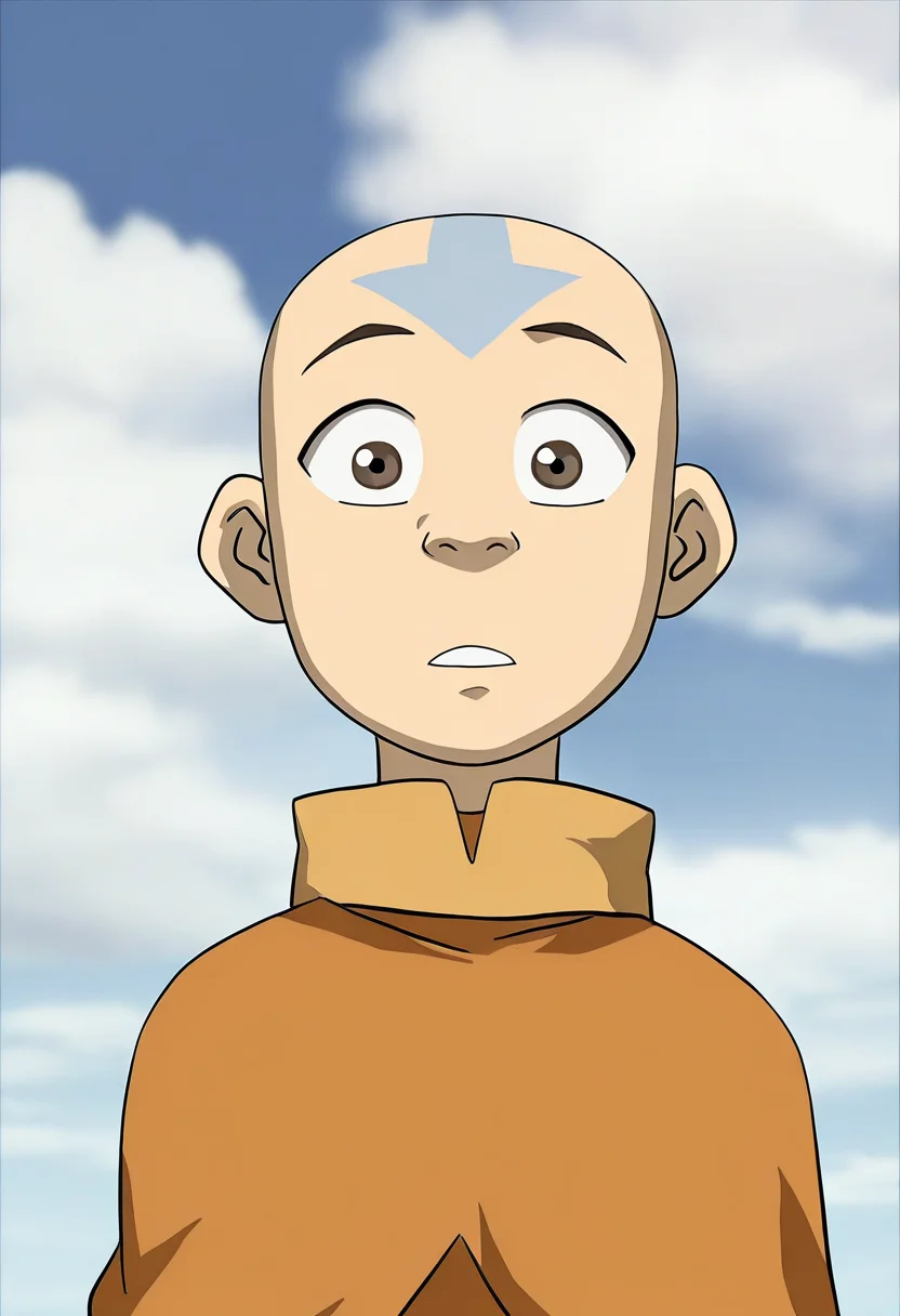 In the Avatar Animation style, In the Avatar Animation style, solo, looking at viewer, 1boy, Aang, brown eyes, upper body, male focus, parted lips, sky, day, cloud, black eyes, blue sky, facial mark, wide-eyed, bald,
<lora:Avatar-Anime-Style2:1>,