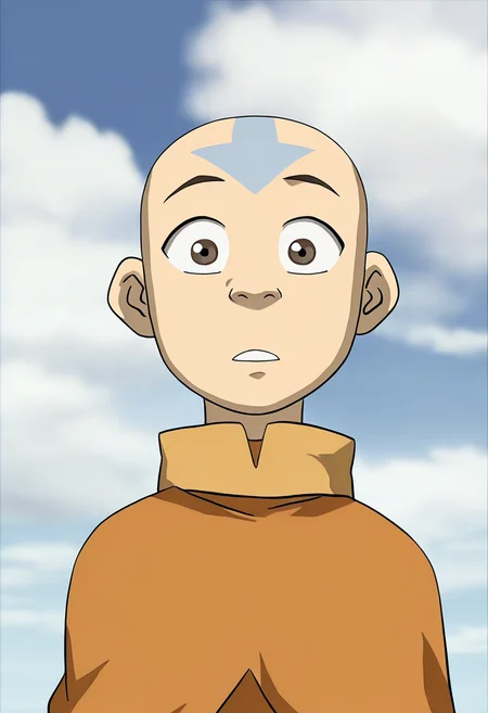 In the Avatar Animation style, In the Avatar Animation style, solo, looking at viewer, 1boy, Aang, brown eyes, upper body, male focus, parted lips, sky, day, cloud, black eyes, blue sky, facial mark, wide-eyed, bald,
<lora:Avatar-Anime-Style2:1>,
