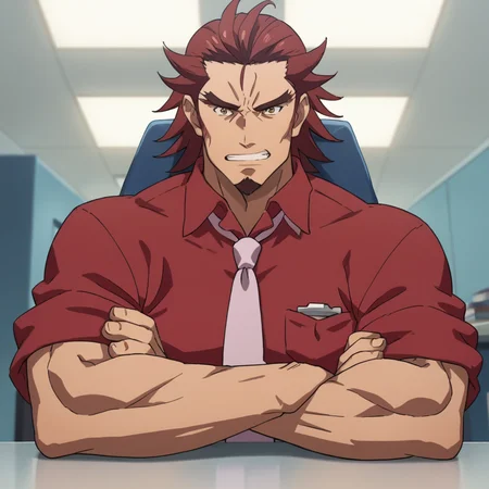 score_9, score_8_up, score_7_up, source_anime, rating_explicit, masterpiece, best quality, very aesthetic, cinematic lighting, genjuro, red shirt, large necktie, grin, office, frustrated, arms crossed, muscular, frown,