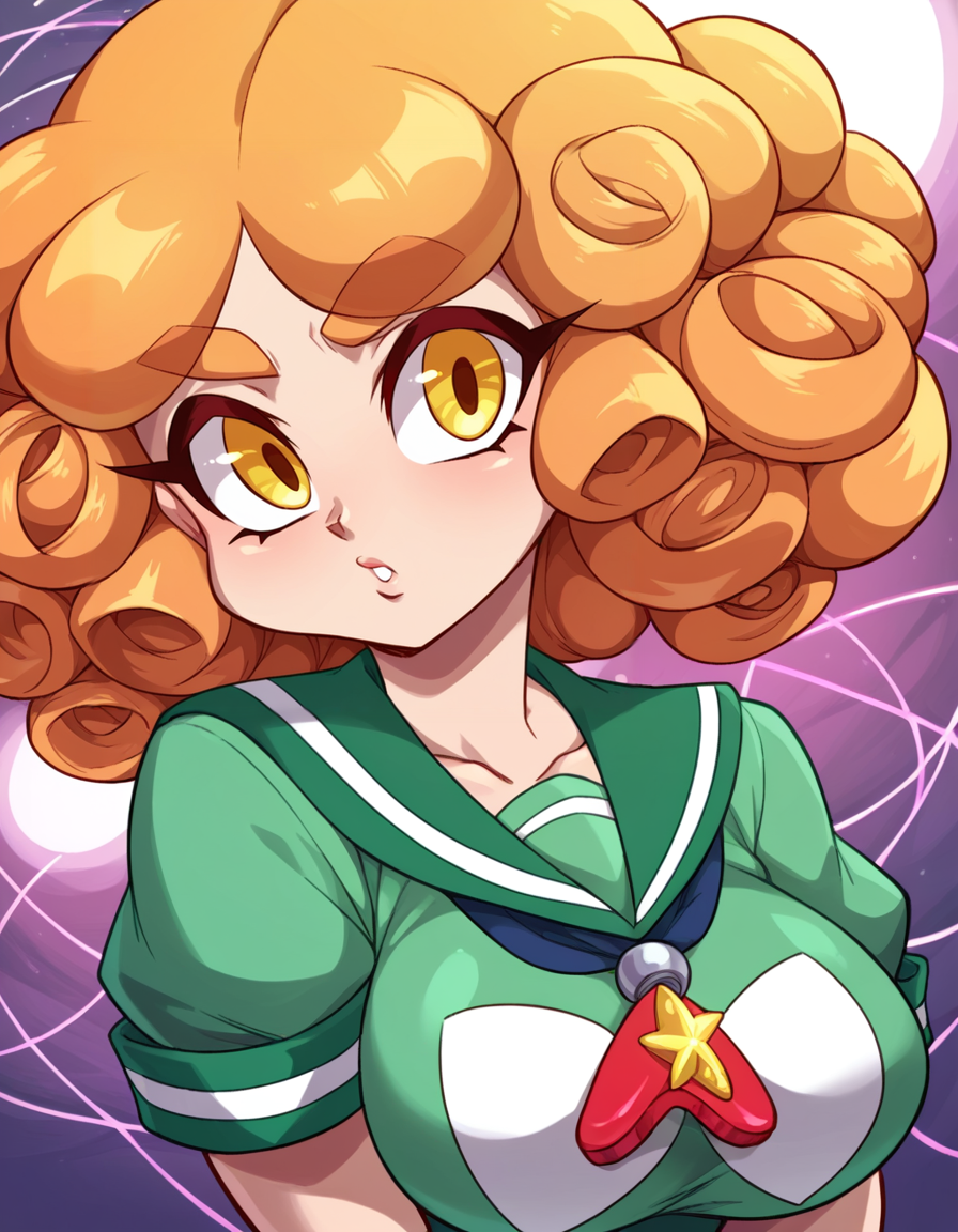 score_9, score_8_up, score_7_up, score_6_up, score_5_up, score_4_up, 1girl, solo, upper body, close-up, 
 <lora:Ploxy v1:0.8> Ploxy, thick eyebrows, orange hair, pin curls), yellow eyes, big breasts, looking at viewer,
green sailor dress, red kneehighs, mary janes, 90s roller rink, blacklight, disco ball, quad roller skates, dark carpet with bright geometric pattern