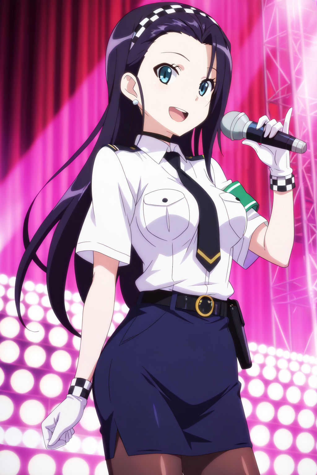 anime screenshot, anime coloring, kashima noa, 1girl, solo, black hair, long hair, forehead, asymmetrical bangs, checkered hairband, aqua eyes, medium breasts, police uniform, white shirt, collared shirt, short sleeves, black necktie, black belt, blue skirt, pencil skirt, green armband, brown pantyhose, wristband, checkered wristband, white gloves, black choker, holster, earrings, microphone, holding microphone, looking at viewer, smile, open mouth, singing, hand up, cowboy shot, stage, masterpiece, best quality, high quality, highres, absurdres, <lora:kashima_noa_ILXL_v2:0.9>