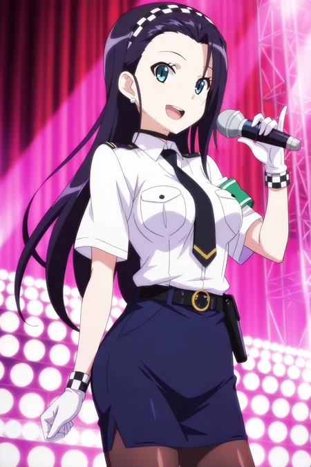 anime screenshot, anime coloring, kashima noa, 1girl, solo, black hair, long hair, forehead, asymmetrical bangs, checkered hairband, aqua eyes, medium breasts, police uniform, white shirt, collared shirt, short sleeves, black necktie, black belt, blue skirt, pencil skirt, green armband, brown pantyhose, wristband, checkered wristband, white gloves, black choker, holster, earrings, microphone, holding microphone, looking at viewer, smile, open mouth, singing, hand up, cowboy shot, stage, masterpiece, best quality, high quality, highres, absurdres, <lora:kashima_noa_ILXL_v2:0.9>