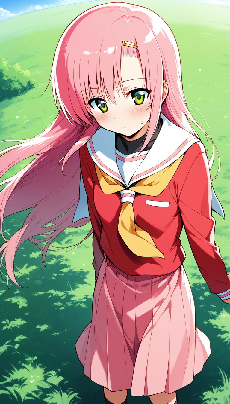 score_9, score_8_up, score_7_up, source_anime, rating_explicit, BREAK  <lora:Katsura_Hinagiku_XL:1>Katsura_Hinagiku, pink hair, long hair, Yellow green eyes, hairclip, small breasts, school uniform, red serafuku, pink skirt,
 1girl, solo, blush, neckerchief, long sleeves, standing, 
blue sky, outdoor, day, grass,
2010s \(style\), anime,