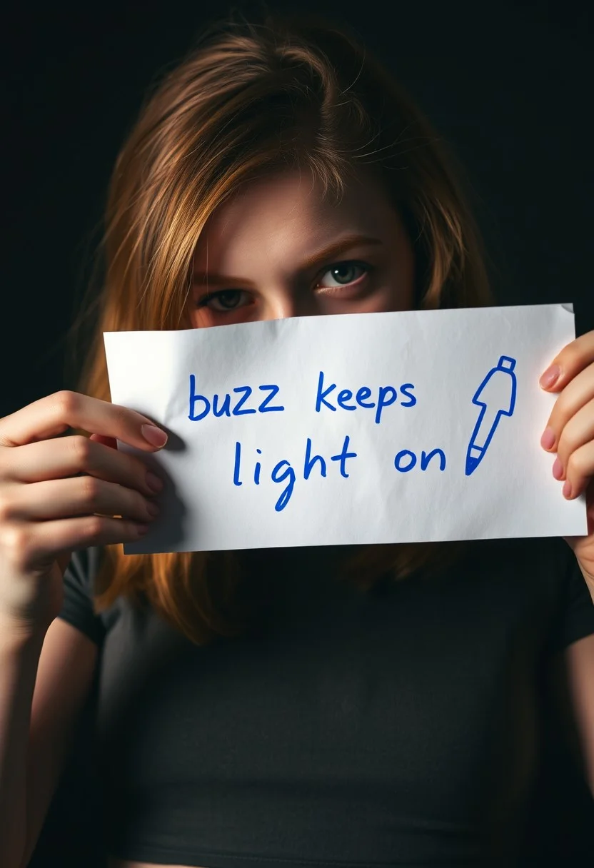 The photo depicts a ginger 18yo girl beautiful holding a piece of paper that's covering her face, handwritten the text: "buzz keeps the light on" with a hand drawing symbol of lighting on the side. The ink is blue like a pen. The focus is on the note. The background is dark with low light. The girl is wearing a crop top (maximum ultra high definition image quality and rendering:3), (((ultra realist style))), realist side lighting, , 8K high definition, realist soft lighting, (amazing special effect:3.5).