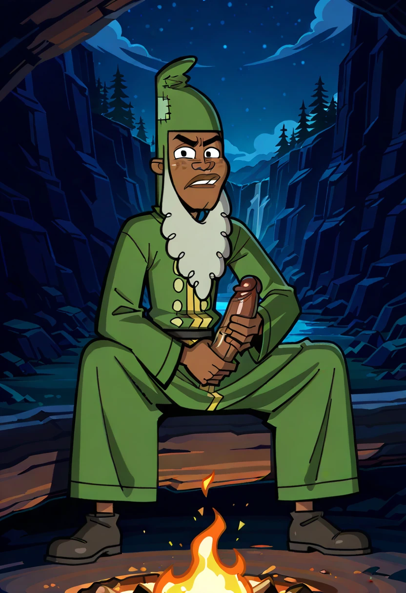 LeonardTDPI, 1boy, dark skinned male, wizard outfit, long green robe, green hat with patches, large fake gray beard, freckles, lips, big lips, cosplay, solo, full body, parody, masterpiece, summer camp, cave, masterpiece, best quality, amazing quality, very aesthetic, high resolution, ultra-detailed, absurdres, newest, scenery, ,sitting,aroused expression ,sweat,posing,solo,big testis,big penis,masturbation,looking at viewer,male focus,, semen, night,Outdoor, campsite,wardrobe malfunction
