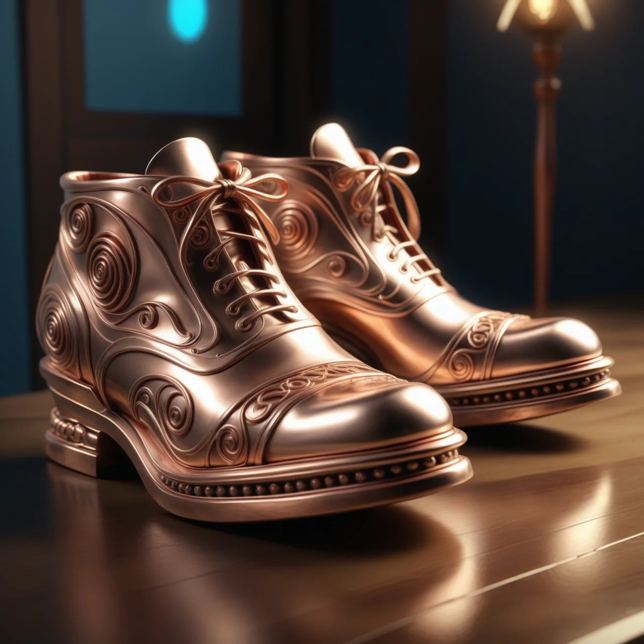 a pair of shoes made out of Jed-ANC, masterpiece, full of details, ambient light, sharp and in focus, <lora:ArtNouveauCopperStyle:0.7>