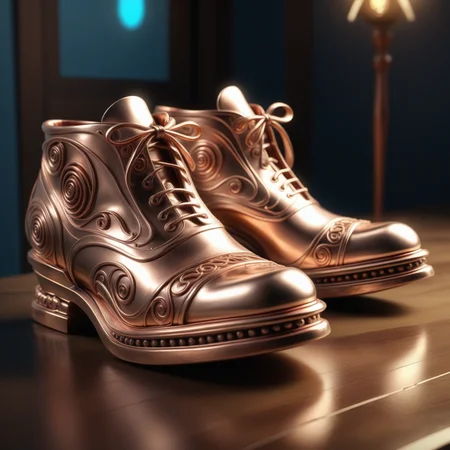 a pair of shoes made out of Jed-ANC, masterpiece, full of details, ambient light, sharp and in focus, <lora:ArtNouveauCopperStyle:0.7>