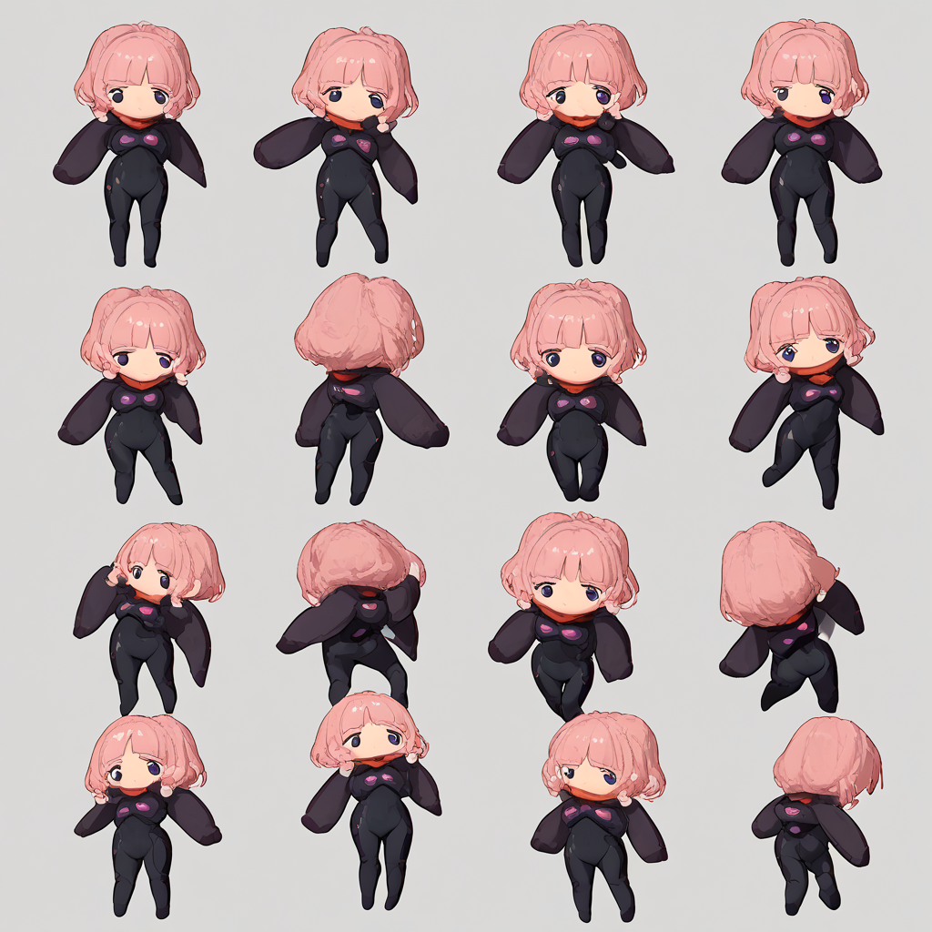score_9, score_8_up, score_7_up, score_6_up source_anime <lora:midori_eva_alpha:.85> midori, short hair, purple eyes, black bodysuit, vibingdance, animation sheet, chibi, dancing, simple background, white background <lora:VibingDance (frieren vibing) LoRA PDXL Anzhc:.75> dance, skin tight,