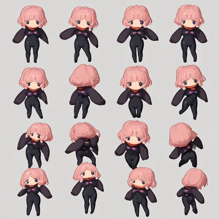 score_9, score_8_up, score_7_up, score_6_up source_anime <lora:midori_eva_alpha:.85> midori, short hair, purple eyes, black bodysuit, vibingdance, animation sheet, chibi, dancing, simple background, white background <lora:VibingDance (frieren vibing) LoRA PDXL Anzhc:.75> dance, skin tight,