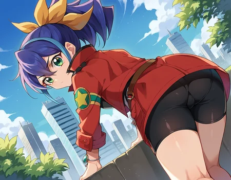 score_9, score_8_up, score_7_up, source_anime,
yugiohserena, <lora:yugioh-serena-ponyxl-lora-nochekaiser:1>,
yugioh serena, blue hair, multicolored hair, ponytail, two-tone hair, green eyes, hair bow, ribbon,
belt, bike shorts, bow, bracelet, jacket, jewelry,
outdoors, cityscape, bent over,
looking at viewer, cowboy shot, dutch angle,