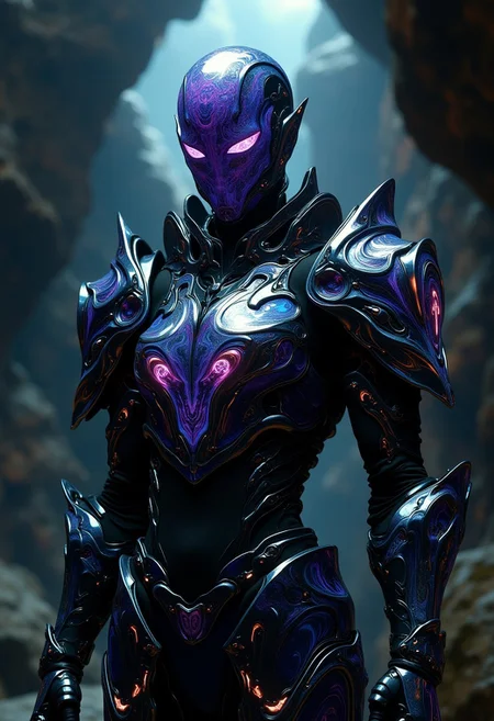 An armored golem (in warrior pose) wearing complete cyber-fantasy armor (full-head-helmet, pauldrons and so on...). Each piece of the armor is glowing of iridescent ink marbling in the style of FFAIM. Ray tracing and path tracing and glourious reflections and amazing indirect light from the armor itself casted on the grotto where the golem is just entered.
