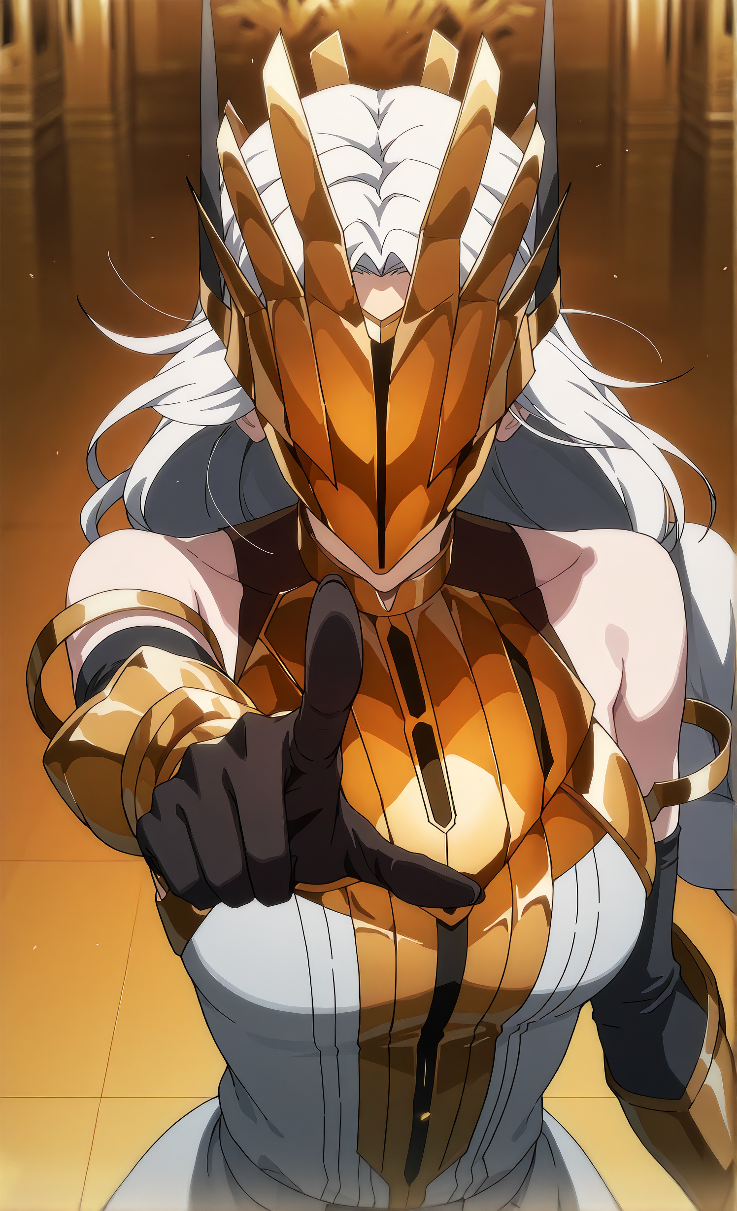 masterpiece, sharp detail, intricate detail, 1girl, <lora:To_be_hero_X_-_Queen:1> queen \(to be hero x\), upper body,   golden mask, covered eyes, bare shoulders, standing, black gloves, pointing at viewer, outstretched hand,