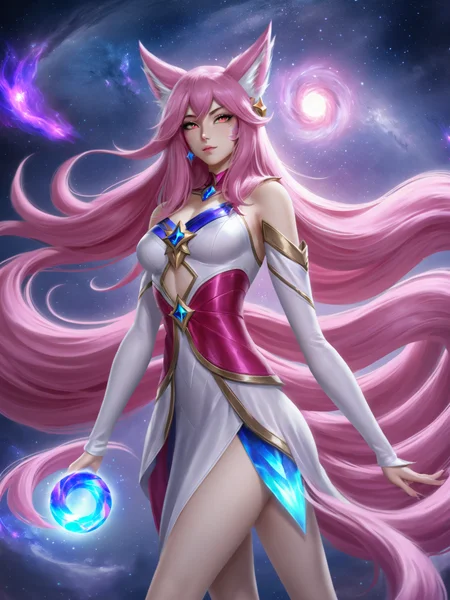 Ahri, portrait, star guardian, galaxy background, mystical aura <lora:Ahri-LoRA:0.5>