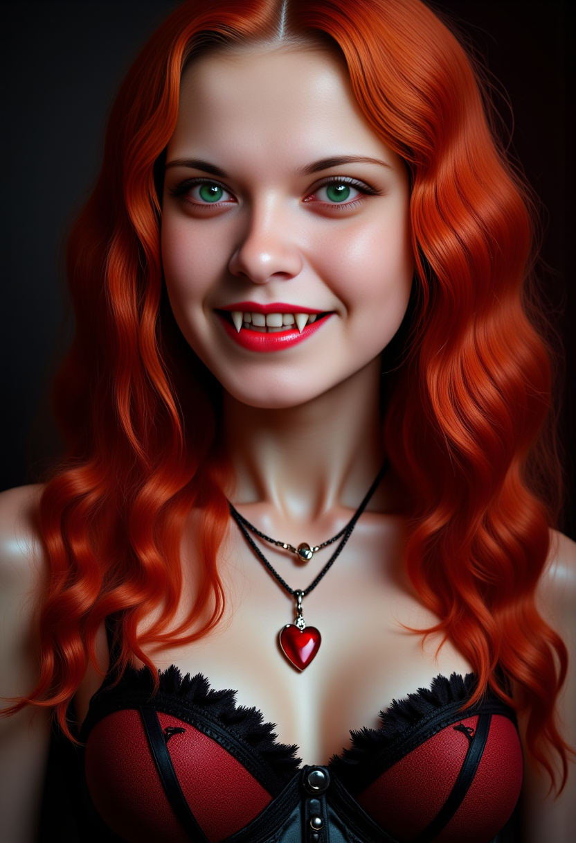 Sofilove, beautiful vampire woman. Masterpiece. Extreme closeup portrait. She has realistic charming green eyes, lush curly long natural fiery red hair, eyebrows in the color of fiery red hair, very pale skin and blood-red lips that are slightly parted to reveal sharp and long fangs. She with a captivating smile that reveals her her huge fangs. She wearing Deep Black-red Guipure Lace, red heart-shaped pendant necklace, Polyester Molded erotic bra, leather corset, thigh-highs, and frilly g-string. Сolour Red and Black, skin details. 8K HD, DSLR camera, high quality, detailed texture skin, high body detail, realistic, soft focus, insanely detailed, highest quality, high resolution photography, realistic photo, ultra detailed, hyperrealism. <lora:FluxF4ngs:0.85> fangs
