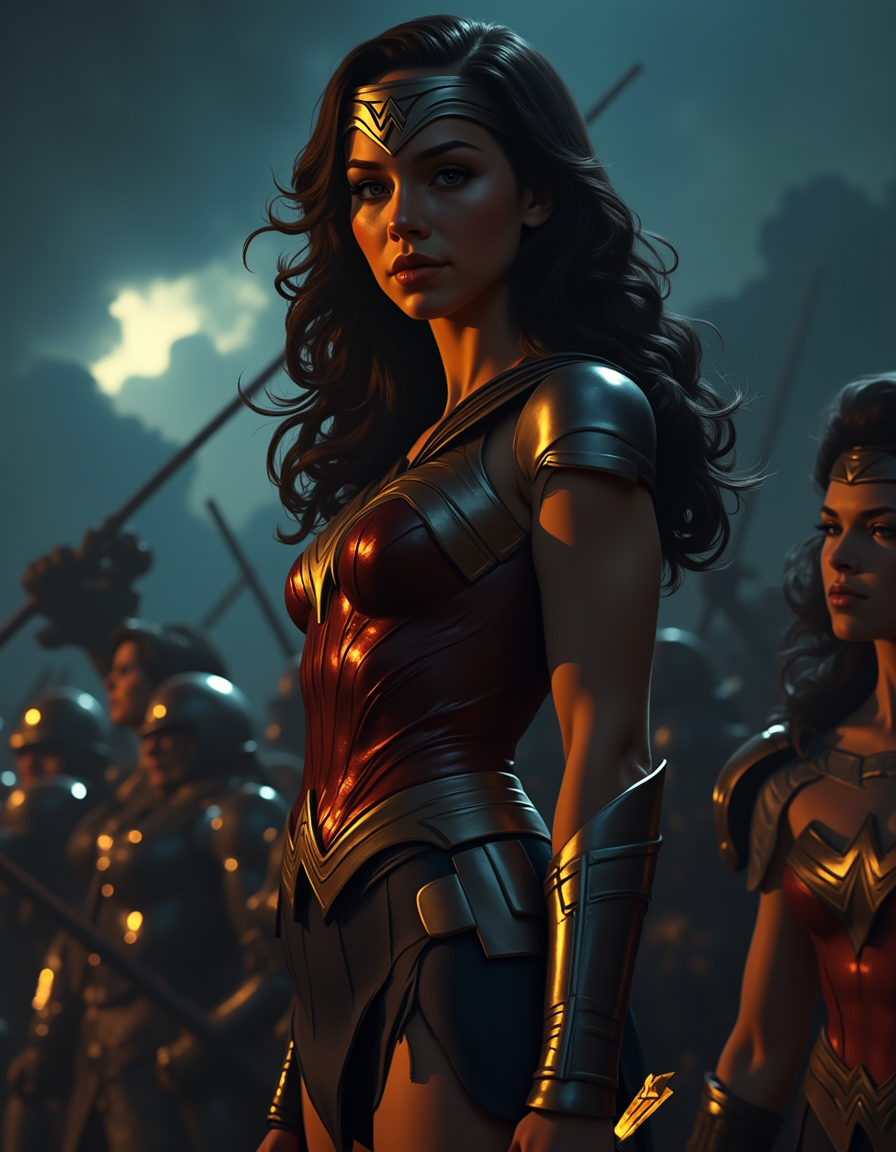 A superhero photograph capturing Wonder Woman standing on a battlefield during a stormy night. The image is shot in stunning ultra-high definition with an absurd resolution of 64000 x 32000 pixels, resulting in highly detailed textures and intricate details. The composition style utilizes symmetry to create a balanced and powerful visual effect, while the stormy lighting creates dramatic shadows and highlights on Wonder Woman's armor and sword.