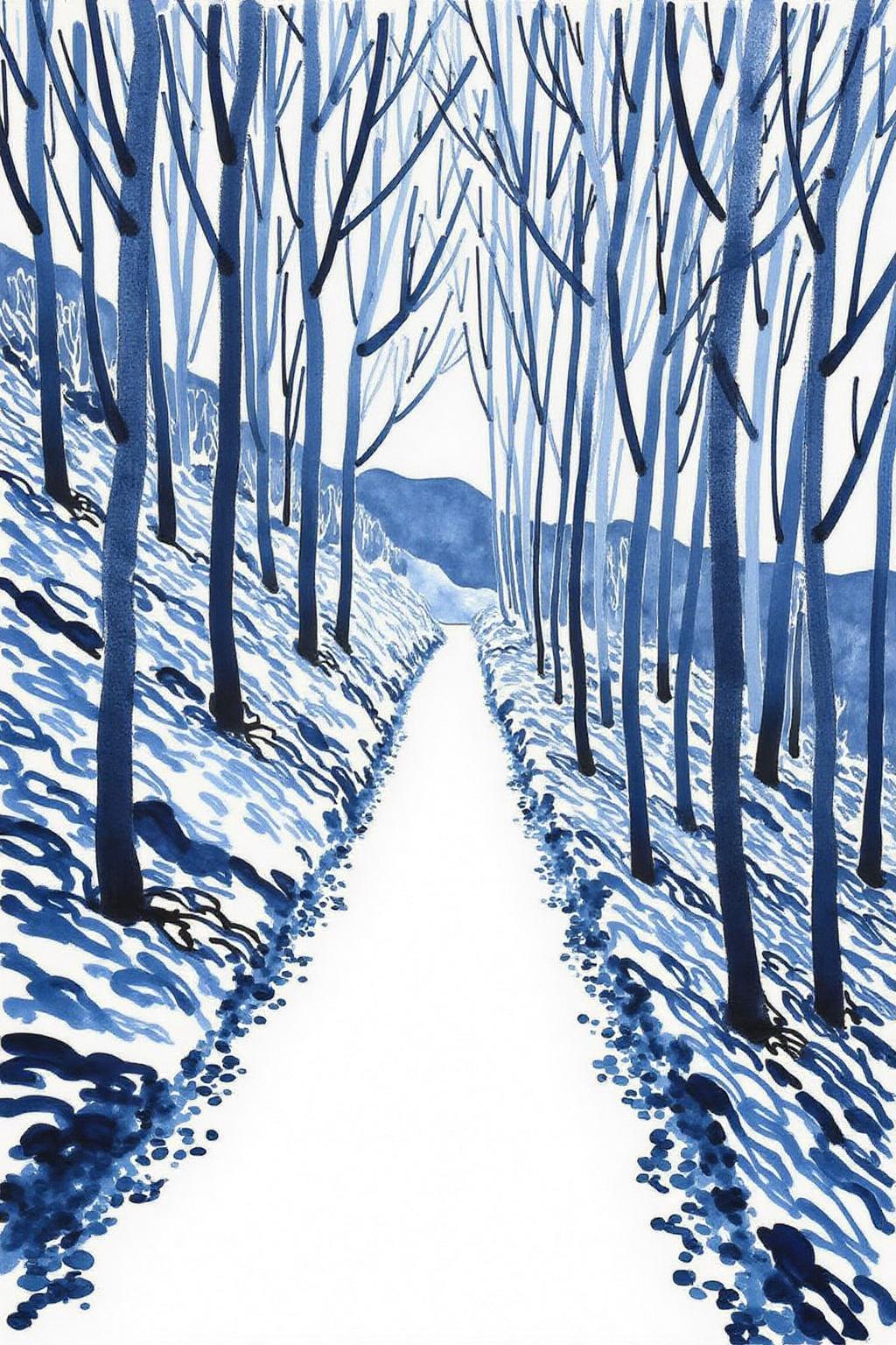 watercolor illustration. 
A forest on a slope scene. There is narrow, winding path that cuts through the forest, stretching from the bottom center of the image towards the top. <lora:minink1_cap_d6a3e12:1.0><lora:825123682394443783:0>