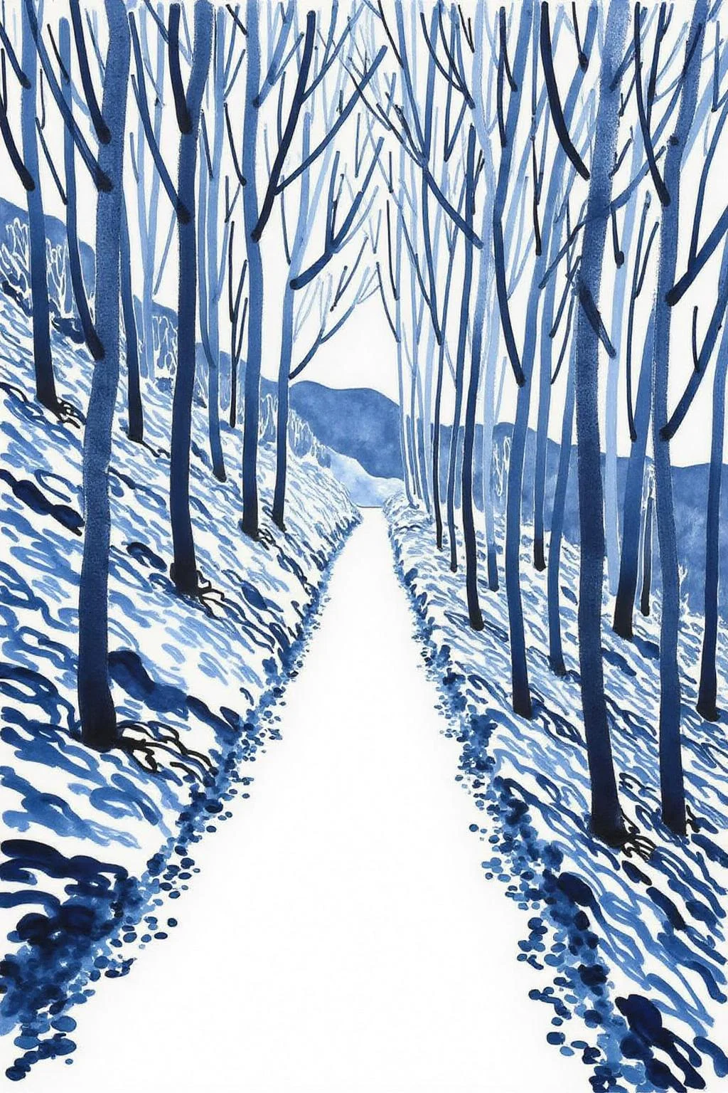 watercolor illustration. 
A forest on a slope scene. There is narrow, winding path that cuts through the forest, stretching from the bottom center of the image towards the top. <lora:minink1_cap_d6a3e12:1.0><lora:825123682394443783:0>