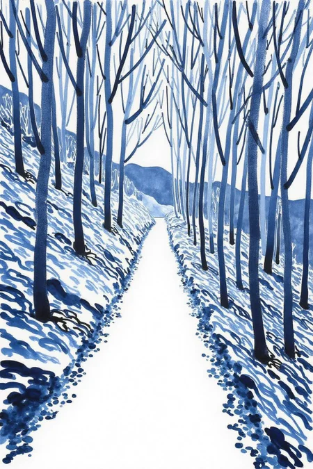 watercolor illustration.
A forest on a slope scene. There is narrow, winding path that cuts through the forest, stretching from the bottom center of the image towards the top. <lora:minink1_cap_d6a3e12:1.0><lora:825123682394443783:0>