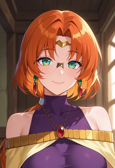 masterpiece, best quality, amazing quality, absurdres, 1girl, solo, (portrait:1.2), ailaww, mature female, green eyes, orange hair, long hair, low ponytail, glasses, rimless eyewear, medium breasts, circlet, yellow capelet, purple turtleneck shirt, sleeveless, covered collarbone, bare shoulders, looking at viewer, smile, indoors, day, skindentation, detailed clothing folds, depth of field, sharp, high contrast, dynamic light <lora:Aila_Mahou_Senshi_Louie_ill:0.9>