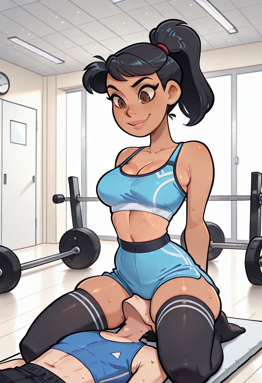 amazing quality, 4k, high resolution, ultra-detailed, newest, facesitting, femdom, gym, 1girl, black hair, brown eyes, medium length hair, high ponytail, tan skin, medium breasts, black legwear, blue sports bra, dominant female, skinny, skindentation, sitting on face, BREAK 1guy (faceless boy, short hair, submissive boy, casual outfit), kervs