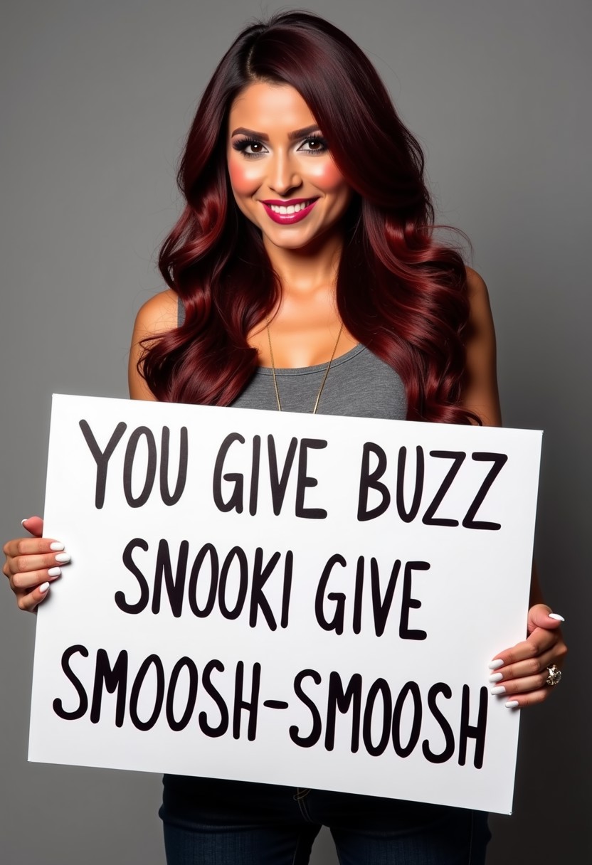 incredibly accurate photo-realistic photo of Nicole  'Snookie'  Polizzi  holding a large sign that reads; "YOU GIVE BUZZ , SNOOKI GIVE SMOOSH-SMOOSH"