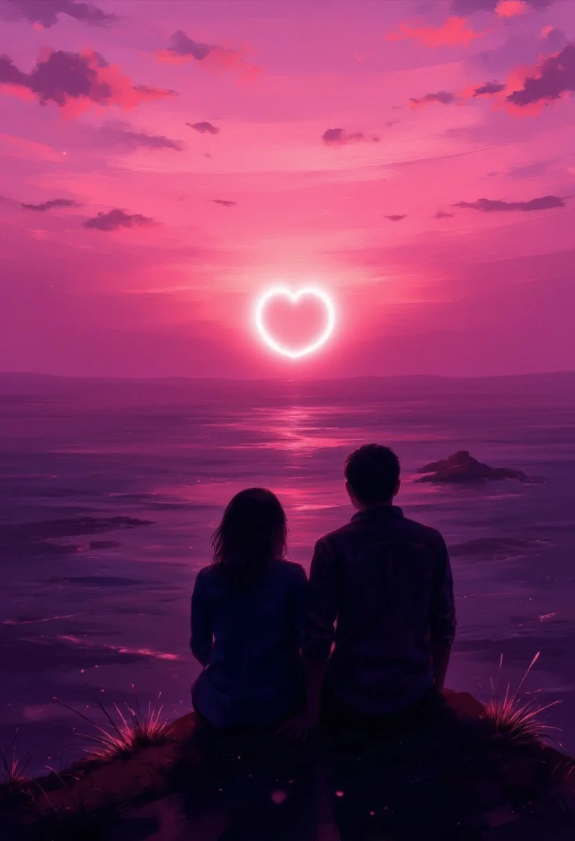 cinna flow, aidmaLOVEboost, a silhouette of a couple sitting on a cliff viewed from behind, they are watching the sun that rises over the horizon filling everything with shades of pink, the sun is shaped as a heart sign
