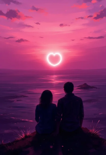 cinna flow, aidmaLOVEboost, a silhouette of a couple sitting on a cliff viewed from behind, they are watching the sun that rises over the horizon filling everything with shades of pink, the sun is shaped as a heart sign