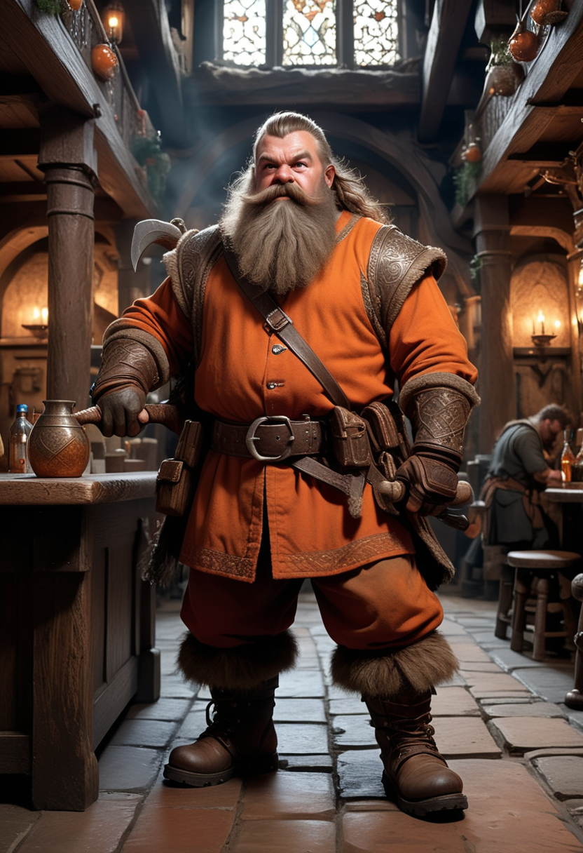 (medium full shot) of (brave mountain dwarf) wearing a rusty orange embossed tunic, woolen pants, heavy boots, Bushy hazel beard, rugged gloves, wielding a battle axe, set in  a grand tavern, with high ceilings, elaborate decor, a bustling bar, ,Masterpiece,best quality, raw photo, realistic, very aesthetic, dark