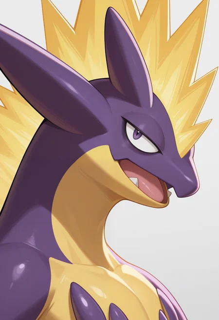 masterpiece,best quality, amazing quality, 1boy, solo, t0x1c, pokemon (creature), close up, side angle, confident,