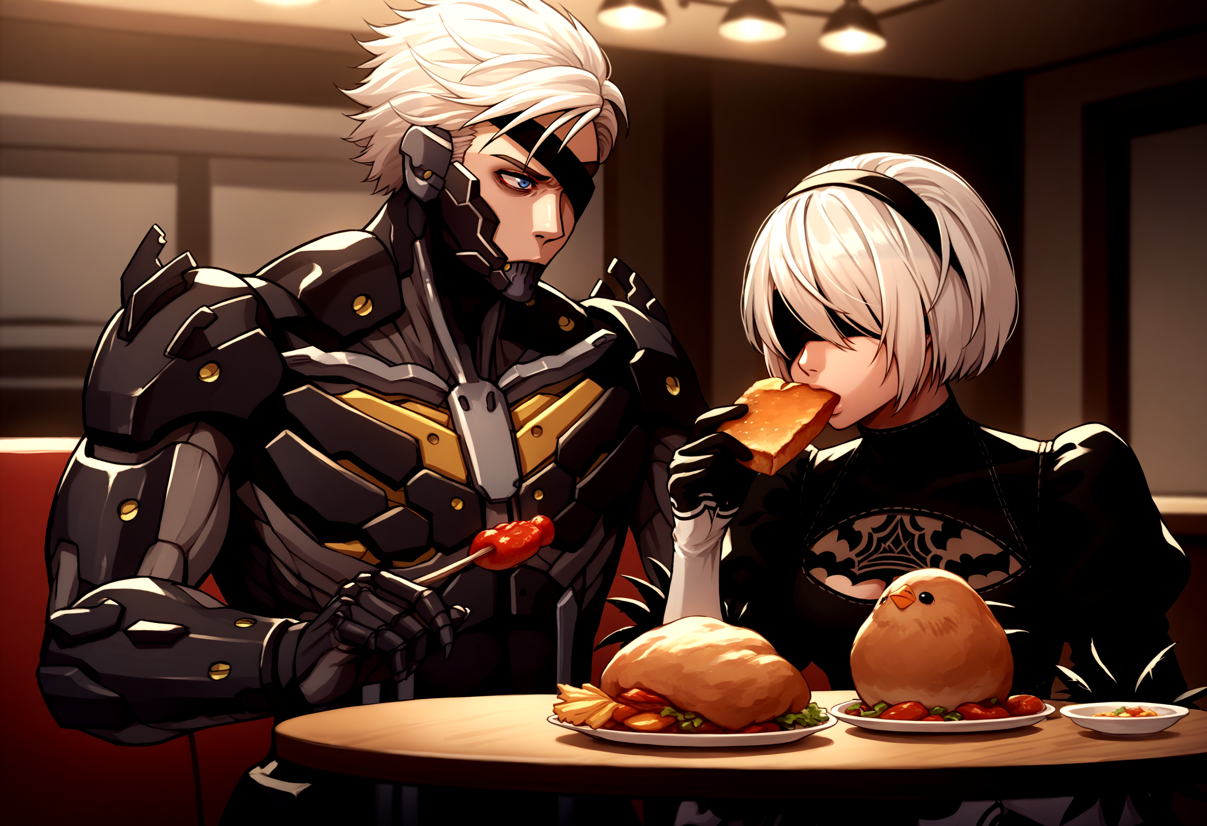 score_9, score_8_up, score_7_up, source_anime, standing, indoors, upper body, looking at another, table, restaurant, kfc, chicken \(food\), 
BREAK 1boy, RaidenMGRDef, <lora:RaidenMGR_XLPD-000006:1>, cyborg, bodysuit, eyepatch, expressionless, 
BREAK 2b \(nier:automata\), nier:automata, 1girl, blindfold, black dress, eating,