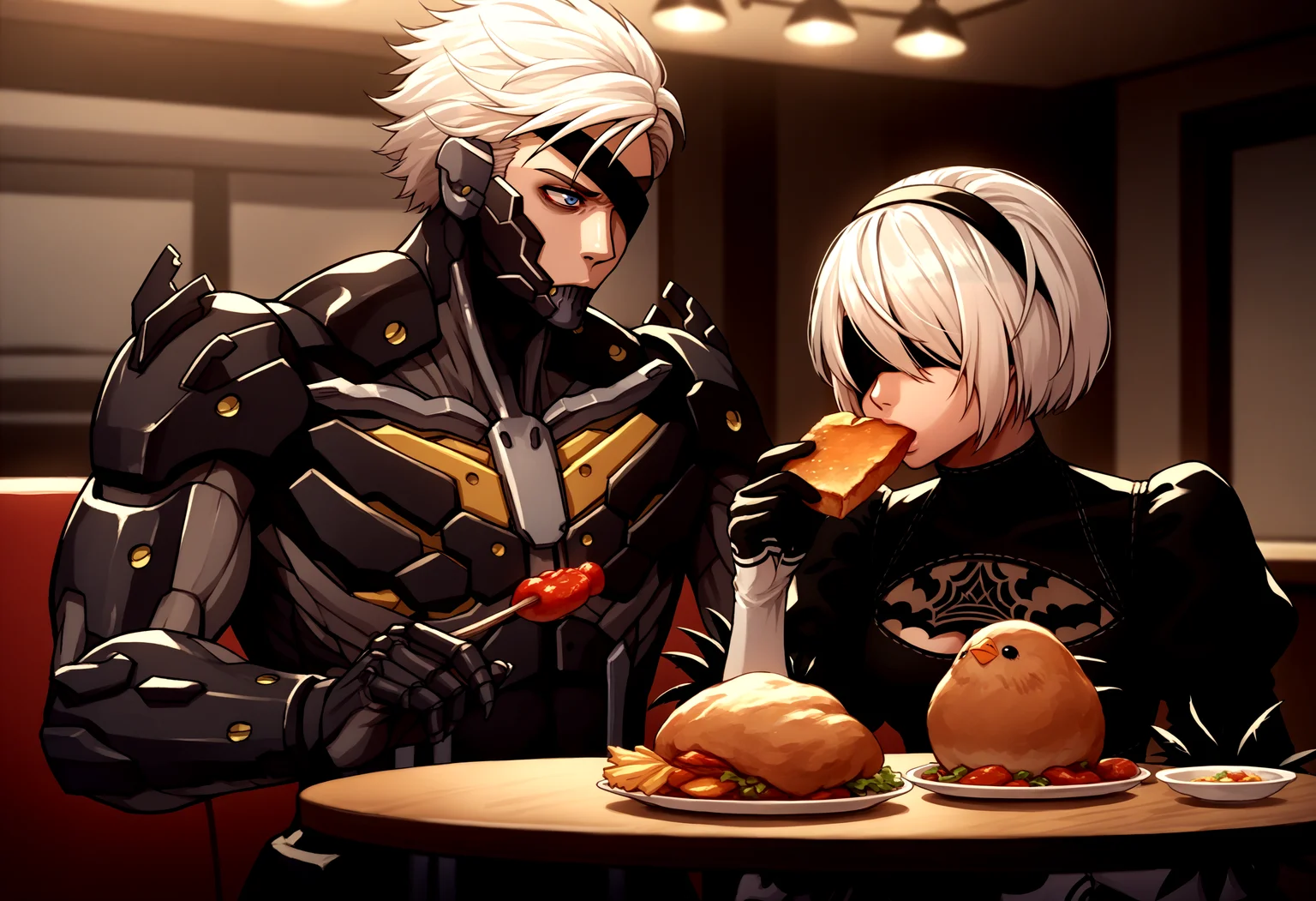 score_9, score_8_up, score_7_up, source_anime, standing, indoors, upper body, looking at another, table, restaurant, kfc, chicken \(food\),
BREAK 1boy, RaidenMGRDef, <lora:RaidenMGR_XLPD-000006:1>, cyborg, bodysuit, eyepatch, expressionless,
BREAK 2b \(nier:automata\), nier:automata, 1girl, blindfold, black dress, eating,