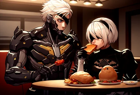 score_9, score_8_up, score_7_up, source_anime, standing, indoors, upper body, looking at another, table, restaurant, kfc, chicken \(food\), 
BREAK 1boy, RaidenMGRDef, <lora:RaidenMGR_XLPD-000006:1>, cyborg, bodysuit, eyepatch, expressionless, 
BREAK 2b \(nier:automata\), nier:automata, 1girl, blindfold, black dress, eating,