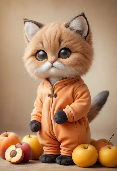 An award winning photo , a cute little baby cat,sitting around in a apricot costume, (fruit) , (((cuteness overload))) <lora:add-detail-xl:1>, <lora:WowifierXL-V2:1>, zhibi