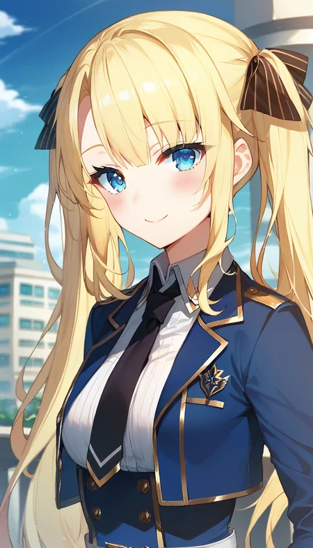 score_9,score_8_up,score_7_up,score_6_up BREAK official art,solo,outdoors,upper body,(portrait:1.5),looking at viewer,facing viewer,smile,blush,Regina Mercedes,very long hair,blonde hair,twintails,hair ribbon,black ribbon,sidelocks,hair between eyes,bangs,blue eyes,blue jacket,cropped jacket,open jacket,wing collar,black necktie,white shirt,collared shirt,dress shirt,long sleeves,medium breasts,double-breasted,white belt,blue skirt,high-waist skirt,pleated skirt,frilled skirt,thigh strap,white thighhighs,zettai ryouiki,mary janes,black footwear,<lora:Regina Mercedes(sgmt)-Pony:1.2>,