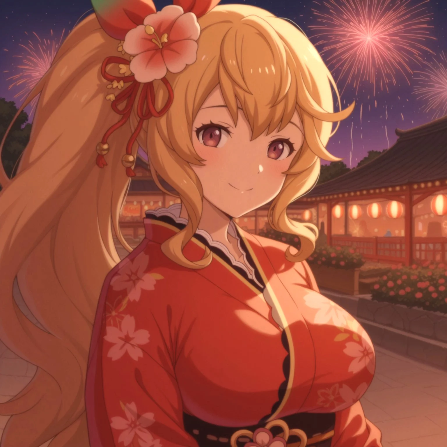 lazypos,anime screencap, 
1girl, solo, Elisanne, brown eyes, blonde hair, long hair, ponytail, kimonoeli, hair ornament, flowers on hair, black and red ribbon, red yukata, garden, smile, large breasts, fireworks, japanese architecture, festival, looking at viewer