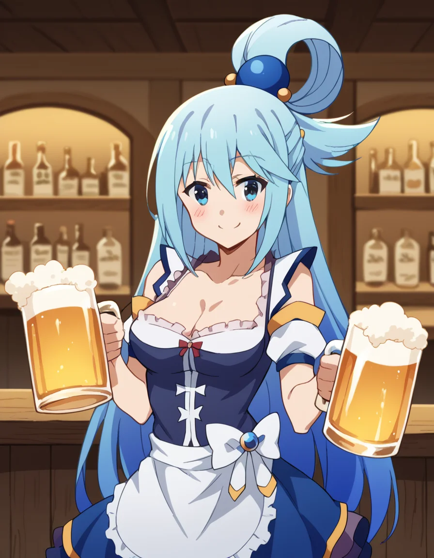 score_9, score_8_up, score_7_up, source_anime, konosubaaqua, <lora:konosuba-aqua-s2-ponyxl-lora-nochekaiser:1>, aqua (konosuba), long hair, blue eyes, hair ornament, very long hair, blue hair, hair rings, single hair ring, hair bobbles,, <lora:dirndl-ponyxl-lora-nochekaiser:1>, dirndl, german clothes, beer mug, collarbone, cleavage, beer, underbust, waist apron,, indoors, bar, smile, blush,, cowboy shot, dutch angle, looking at viewer,