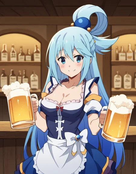 score_9, score_8_up, score_7_up, source_anime, konosubaaqua, <lora:konosuba-aqua-s2-ponyxl-lora-nochekaiser:1>, aqua (konosuba), long hair, blue eyes, hair ornament, very long hair, blue hair, hair rings, single hair ring, hair bobbles,, <lora:dirndl-ponyxl-lora-nochekaiser:1>, dirndl, german clothes, beer mug, collarbone, cleavage, beer, underbust, waist apron,, indoors, bar, smile, blush,, cowboy shot, dutch angle, looking at viewer,