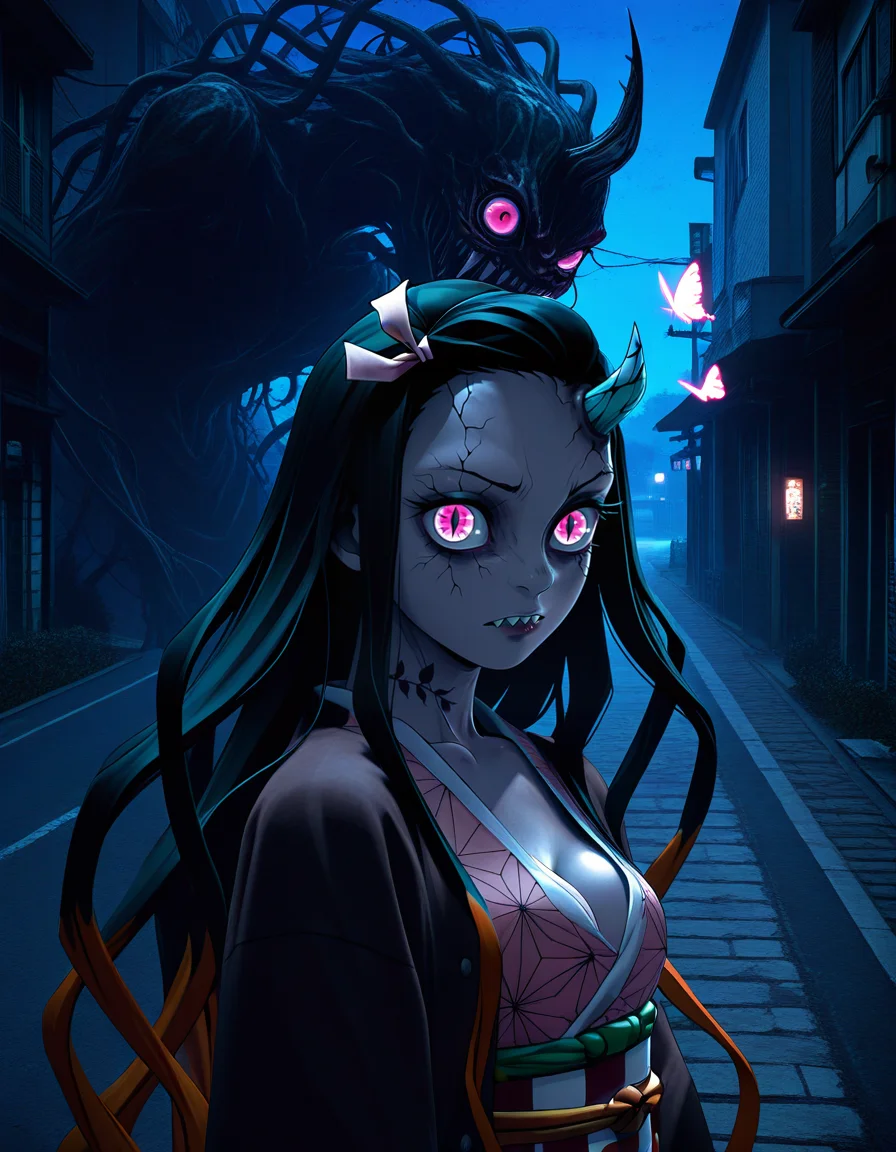 <lora:Artist_Style_-_Fugtrup_ep7_IlXL_by_ME_3D:0.7>, f4gtr4p, 3d, 1girl, eldritch abomination, glowing, glowing butterfly, glowing eyes, long hair, jacket, looking at viewer, night, outdoors, road, silhouette, sky, street, upper body, <lora:Nightmare_Paralized_IL:1>, horror themed, monster from behind, vivid colors, horror aesthetic, professional 3d model (masterpiece, best quality, ultra-detailed, absurdres, newest, detailed textures, correct anatomy:1), complex background, <lora:DemonNezuko1llust:0.7>, kamado nezuko, demon nezuko, single horn, long hair, hair ribbon, pink eyes, cracked skin, black hair, multicolored hair, slit pupils, vine tattoo, sharp teeth, blunt ends