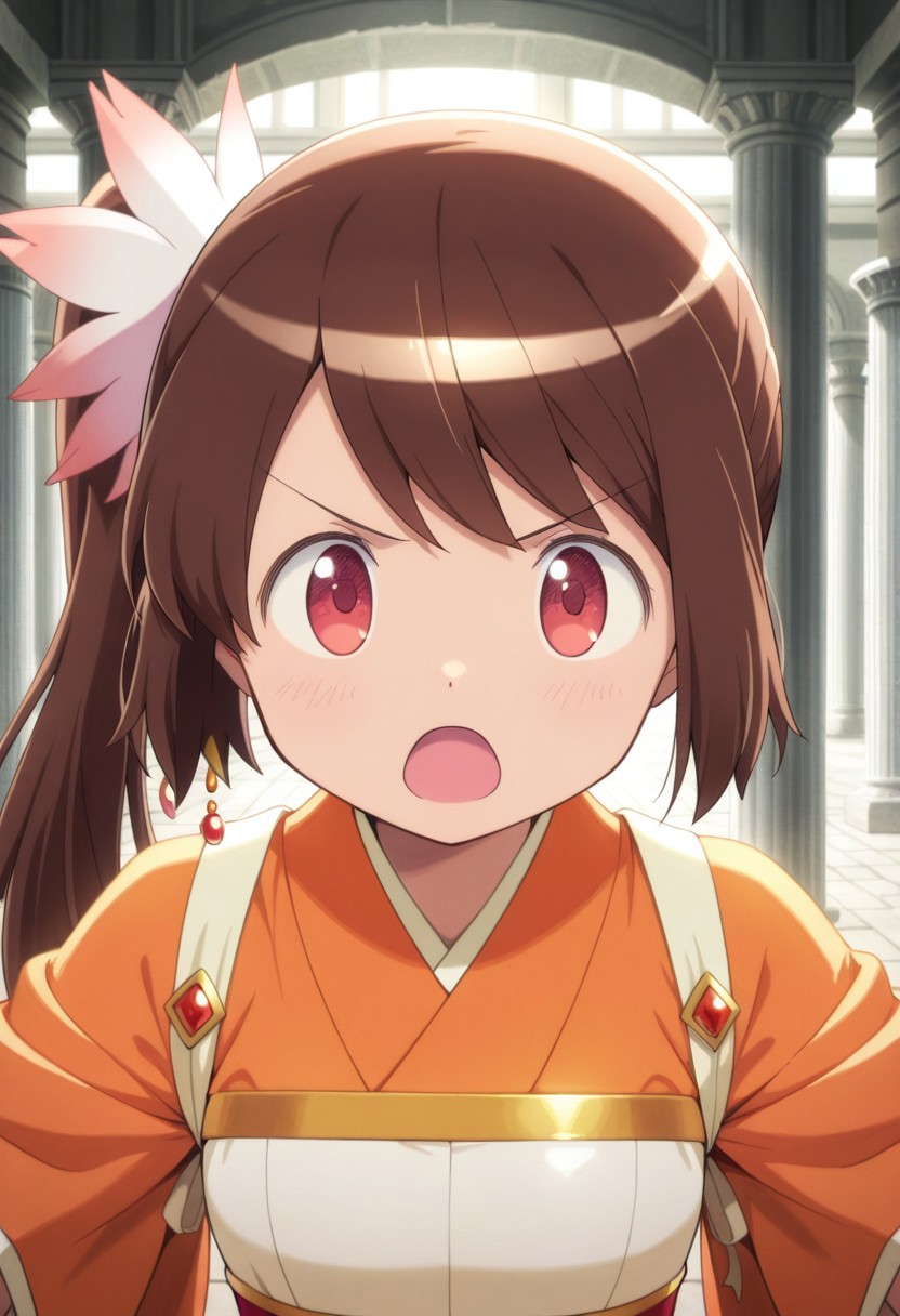 masterpiece,best quality,amazing quality, tsuruno yui, brown hair, red eyes, long hair, side ponytail, 1girl, solo, dot nose, looking at viewer, open mouth, magical girl, upper body, hair ornament, v-shaped eyebrows, swept bangs, pillar, japanese clothes, flower