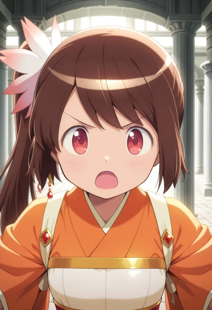 masterpiece,best quality,amazing quality, tsuruno yui, brown hair, red eyes, long hair, side ponytail, 1girl, solo, dot nose, looking at viewer, open mouth, magical girl, upper body, hair ornament, v-shaped eyebrows, swept bangs, pillar, japanese clothes, flower
