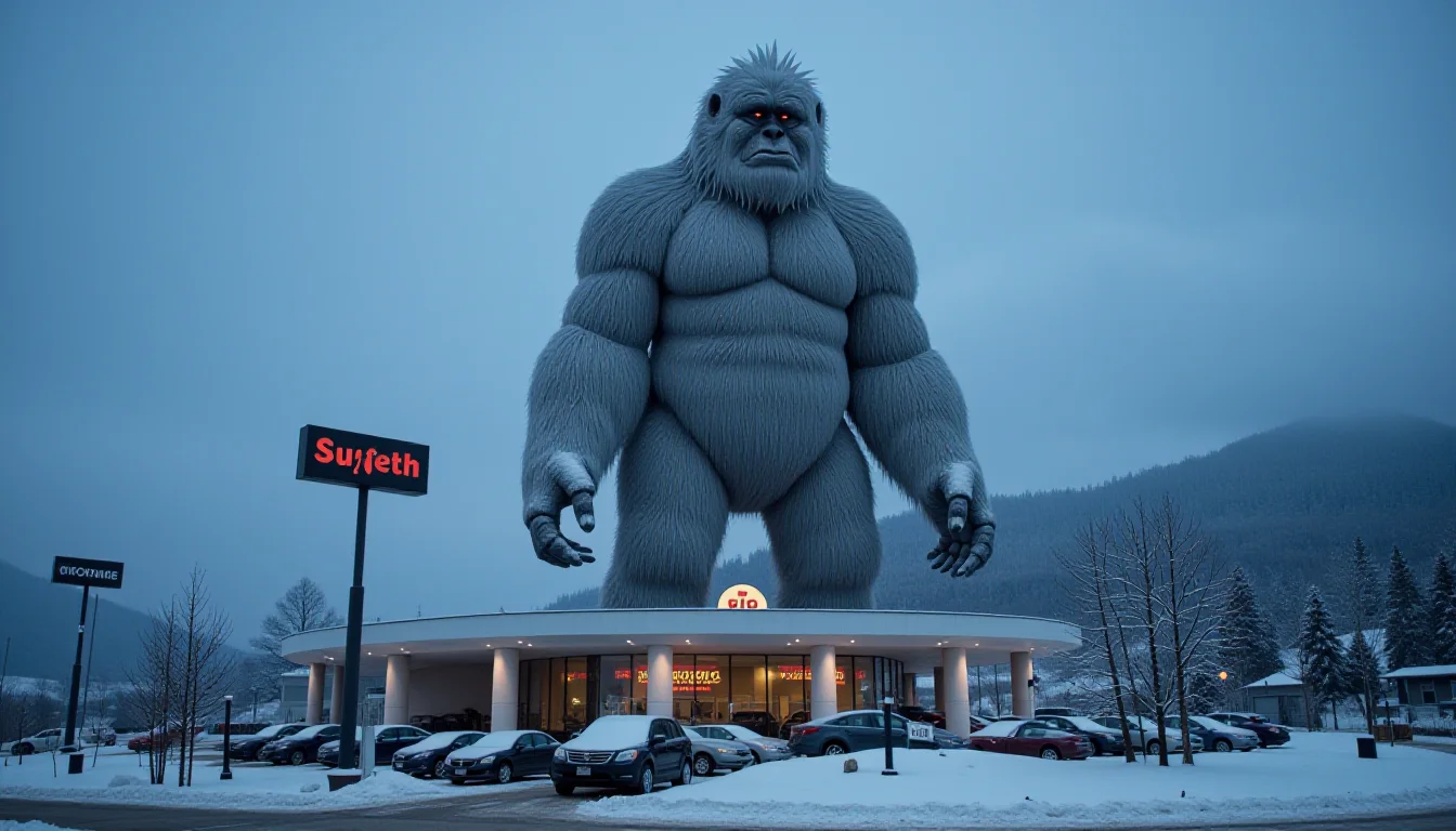 dark and unsettling dream showing a fearful scene of a 350 floors tall world's tallest glass novelty architecture building shaped like a hairy yeti, it is operating as a car dealership in a mountain town. . best quality, high resolution. created by genius but depressed mad artist. grim beauty