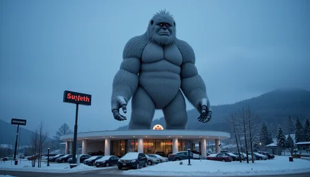 dark and unsettling dream showing a fearful scene of a 350 floors tall world's tallest  glass novelty architecture building shaped like a hairy yeti, it is operating as a car dealership in a mountain town. . best quality, high resolution. created by genius but depressed mad artist. grim beauty