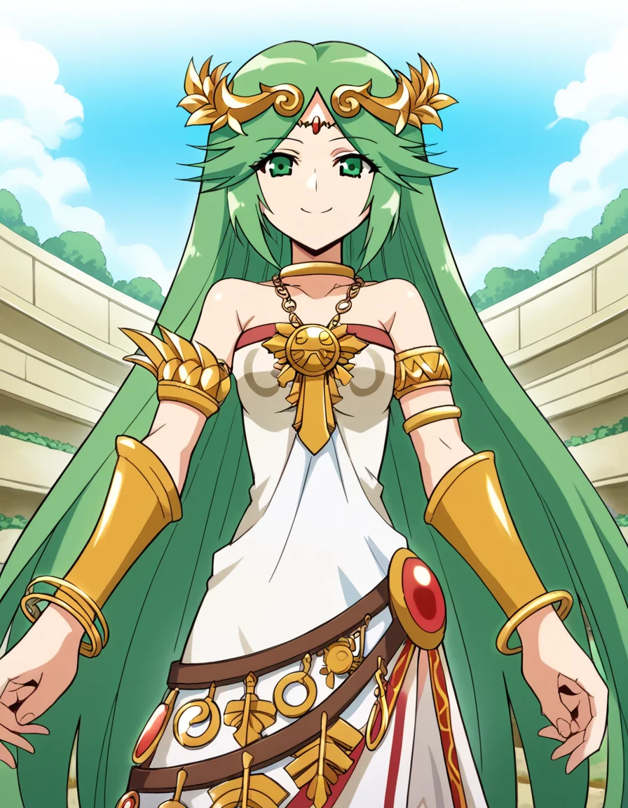 score_9, score_8_up, score_7_up, source_anime, <lora:palutena-trailer-ponyxl-lora-nochekaiser:1>, palutena, long hair, bangs, very long hair, green eyes, green hair, parted bangs,, dress, bare shoulders, jewelry, necklace, white dress, strapless, tiara, strapless dress, armlet, neck ring, gold,, dirt road, rural, path, dust, nature, smile, <lora:gendou-pose-ponyxl-lora-nochekaiser:1>, gendou pose, own hands clasped, own hands together, parody,, looking at viewer, solo,, dutch angle, cowboy shot