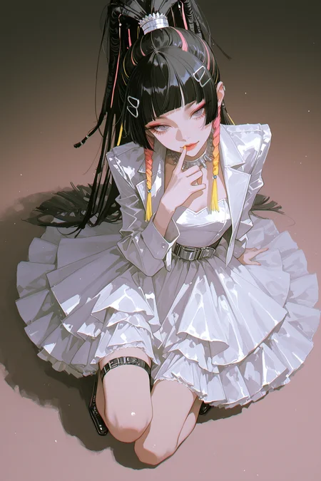 arutera, rella, (dino_(dinoartforame):0.8),   best quality, masterpiece, very awa, absurdres,  <lora:high_detailILL:0.6> high_detail, <lora:Niji_oil_painting_drawing-anime:0.8>, cyber punk style,  rebellious, and edgy, chromatic aberration, Overlayed with retro VHS static effects and glitch textures, film grain,  <lora:VHSnoise_IL:0.4> <lora:nhl-001:0.4>, dynamic shot, dynamic pose, perspective,  turning body, twisting body
cool girl, solo, full body, black hair, Stylized dreadlocks, decorated with beadsï¼hime cut,  pink highlights, colorful hair clips, bangs above eyebrows, high ponytail, grey eyes, wearing a voluminous white long dress, wedding gown style, puffy layered skirt, asymmetrical hemline, short front edge, tulle and chiffon fabric, short jacket, leather shoes, belt on the leg, leg belt, kneeling on the ground with both knees, sitting upright with a slight forward lean, head tilted to the side, lips slightly parted, gazing at the camera with a teasing expression, one hand lifted to her mouth with a flirty gesture, long blonde hair falling loosely, confident Y2K idol pose, fashion editorial lighting