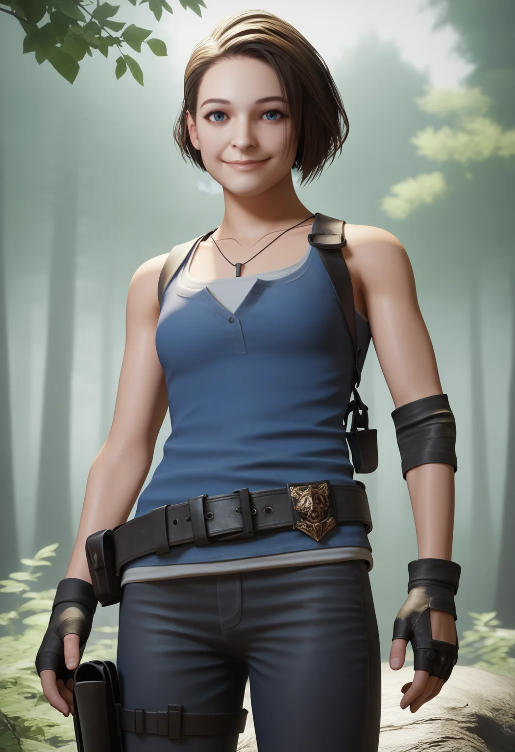 score_9,score_8_up,score_7_up,uncensored BREAK realistic,render,blender \(medium\),
1girl, jivalent, brown hair, short hair, blue eyes,
belt, fingerless gloves, pants, blue tank top, thigh holster,
closed mouth, smile, solo, looking at viewer, outdoors, trees, forest background  <lora:JillValentineXL_byKonan:1>