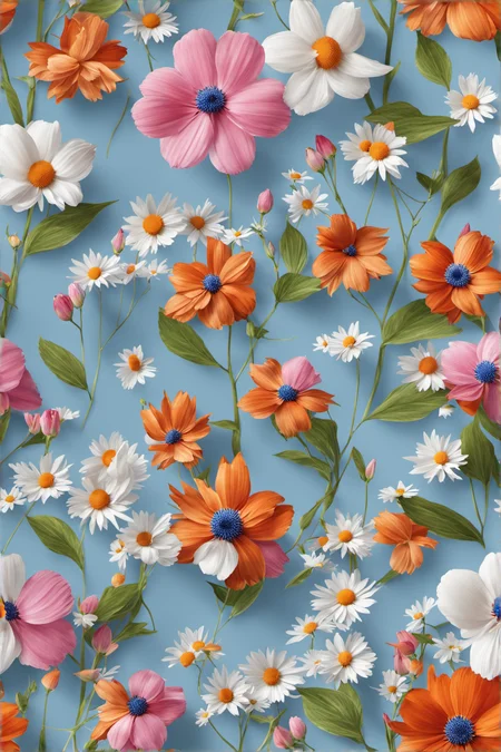 <lora:jing:0.9>,YJ,flower,white flower,pink flower,leaf,white background,simple background,daisy,blue flower,realistic,orange flower,panda illustration,