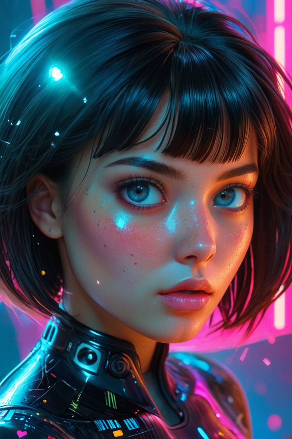 (in ARTIST style:1.7), (masterpiece:1.7), comics style, SFW,
(gorgeous girl, cute, bangs, freckles, striking siamese large eyes, aligned eyes, front view, hearts shape particles,
BREAK,
Busty Vintage Spaceage by Ed Mell and Russ Mills, (luminar , vivacious , masterful:1.4), poster art, bold lines, hyper detailed, expressive, award winning, (scenery:1.4), (intricate details, masterpiece, best quality:1.4), ring light , looking at viewer, dynamic pose, wide angle view, atmospheric haze, Film grain, cinematic film still, highly detailed, high budget, cinemascope, moody, epic, gorgeous, 2000s vintage RAW photo, photorealistic, candid camera, color graded cinematic, eye catchlights, atmospheric lighting, skin pores, imperfections, natural, shallow dof),
(masterpiece:1.8), (highest detailed:1.8), (angle:1.8), perfectly lighted, (contrast), (saturated), (((sharp focus))), (hyperdetailed:1.3), (intricate details:1.2), (Refined details:1.3),
(best quality:1.5), highly detailed textures, vibrant colors, (finely detailed beautiful eyes and detailed face),extremely detailed CG unity 8k wallpaper,
(masterpiece:1.8), (highest detailed:1.8), (angle:1.8), perfectly lighted, (contrast), (saturated), (((sharp focus))), (hyperdetailed:1.3), (intricate details:1.2), (Refined details:1.3),
(best quality:1.5), highly detailed textures, vibrant colors,
<lora:Someplastic_V2:0.7>
(ultra sharp focus:1.8), (detailed skin:1.8), (thin lines:1.8), (best quality:1.8),
<lora:glowneon_xl_v1:0.7>